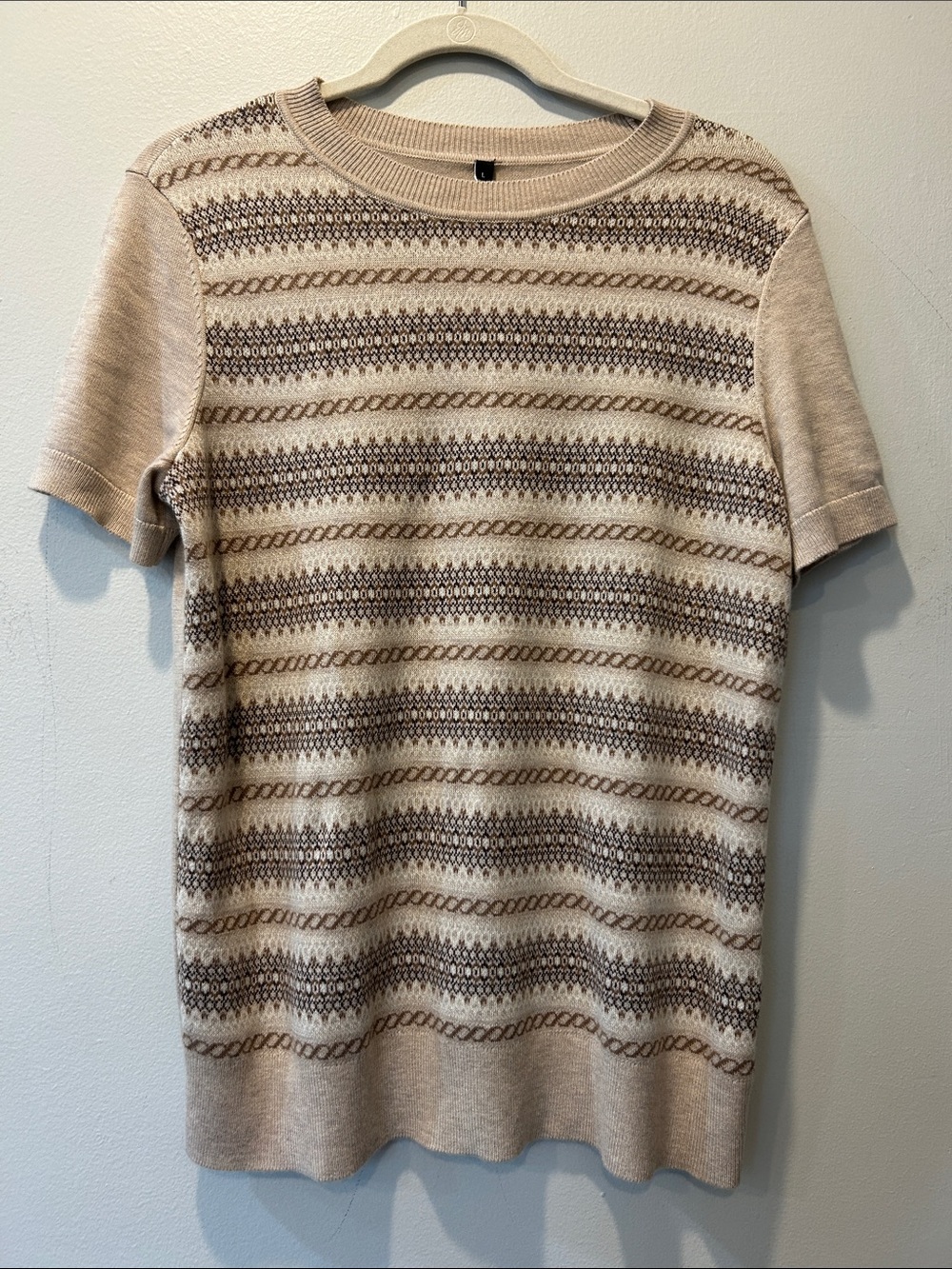 Neutral Beige Short-Sleeve Knit Tee with Brown Patterned Stripes
